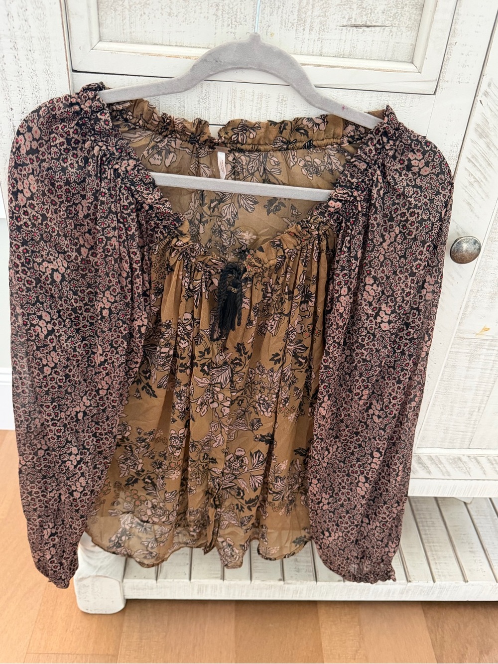 Free People Floral Peasant Blouse in Brown and Pink